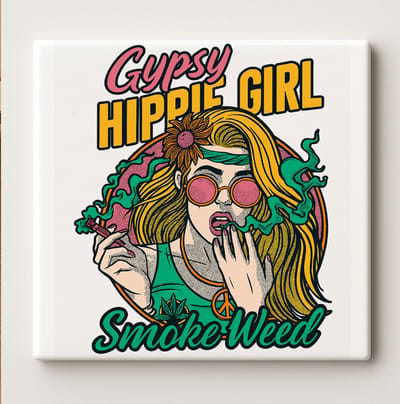 Gypsy Hippie Girl Smoke Weed Keramische Tegel – 15x15cm Vintage Boho Muurdecoratie voor Vrije Geest Woonstijl & Cadeau Liefhebbers