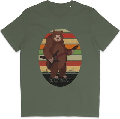 T Shirt Heren en Dames Rock Gitaar Muziek Beer - Khaki (Groen)- Maat XS