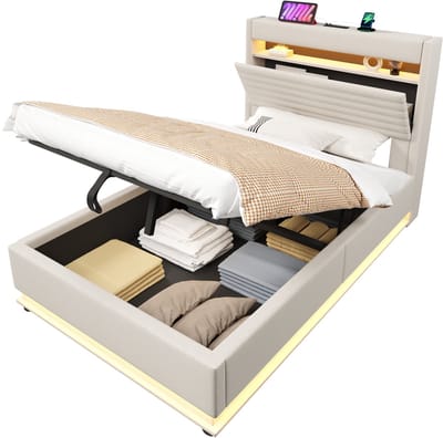 Gestoffeerd bed 90x200 cm - met USB Type-C oplaadfunctie - met LED-verlichting - opklapbare opbergruimte - zonder matras - beige