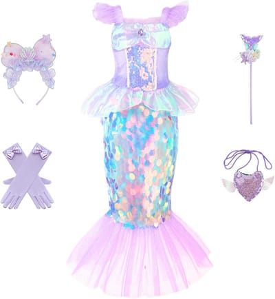 Zeeprinses Kostuumset voor Meisjes van 4-8 Jaar met Oceaanvlam voor Halloween, Cosplay en Carnaval, Inclusief Cadeaubox