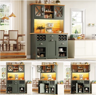 Keukenkast - 120x45x188 cm - Met Glazen Deuren en Wijnrek - Verstelbare Planken - Hout - Groen