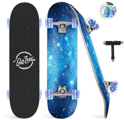 Compleet Cruiser Skateboard voor Kinderen, Jongeren en Volwassenen - 80 x 20 cm, 7-laags Canadese Esdoorn met All-in-One Skate T-tool