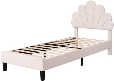 Merax Kinderbed 90x200 cm met Bloemenhoofdbord - Gestoffeerd Bed in Fluweel - Slaapbank en Logeerbed - Beige