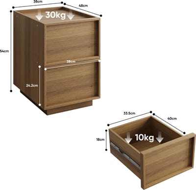 Eikenkleur mdf spaanplaat nachtkastje twee laden 38×45×54cm opslag slaapkamer en woonkamer