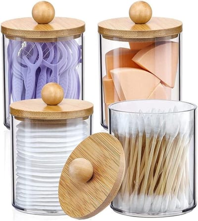 Opbergdozen Badkamer - Wattenbol Houder - Badkamer Organiseren - Transparant Kunststof - 4 stuks - Natuurlijk