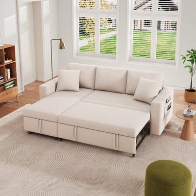 MODFU - Hoekbank Met Slaapfunctie En Opbergruimte - Verwisselbare Chaise Longue - Modern - Linnen - Beige - 219,5 X 142,5 X 83 Cm