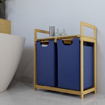 Wasmand met plank - Kleding organizer - Wassen sorteren - Twee uittrekbare zakken - 63x33x76 cm - Blauw
