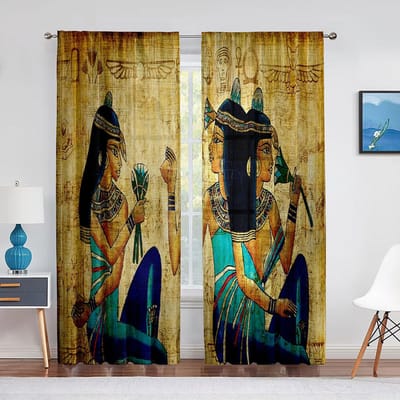 Egyptische Oude Historische Rijk Kunst Transparante Voile Gordijnen voor Slaapkamer Woonkamer Keuken Decoratie Chiffon Tule Raamgordijn 1 PCS W100XH250cm&Grommet Top