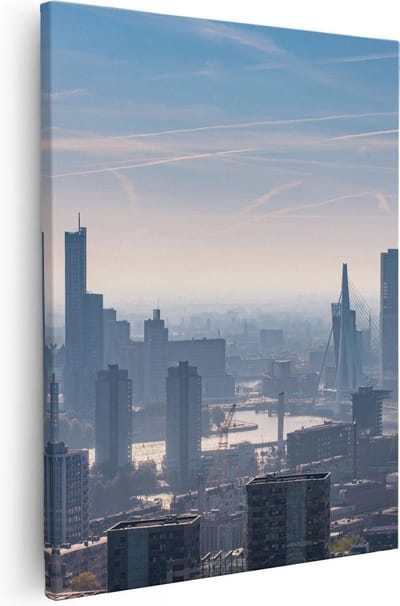 Artaza Canvas Schilderij Skyline Rotterdam - 80x100 cm - Groot - Wanddecoratie Stad - Muurdecoratie Erasmusbrug - Schilderijen Op Canvas