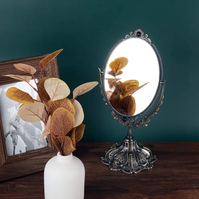 Make-up spiegel Kleine Vintage Tafelblad Spiegel Ovale Dubbelzijdige Roterende Retro Dressing Staande Vanity Spiegel met Verlichting