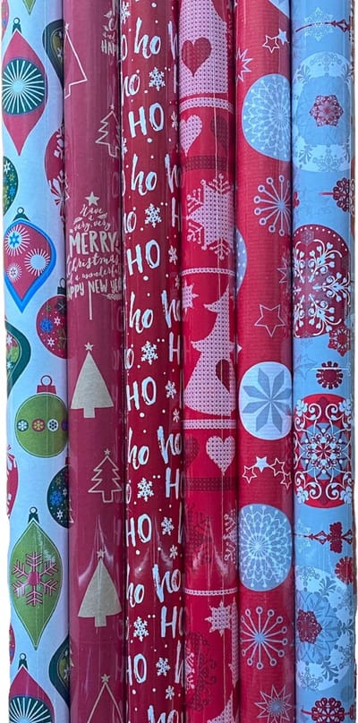 FESTIVE GIFTS Inpakpapier - Cadeaupapier - 200 x 70cm - 6 rollen - Kerst - Luxe Cadeauverpakking - Kleurrijk