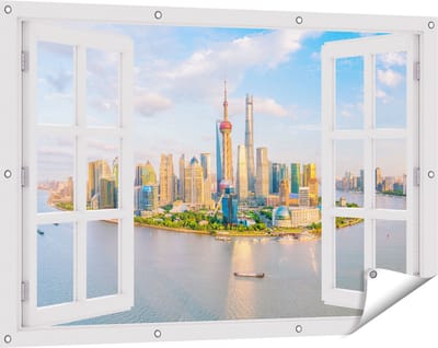 Gards Tuinposter Doorkijk Skyline Shanghai Stad in China - 120x80 cm - Tuindoek - Tuindecoratie - Wanddecoratie buiten - Tuinschilderij