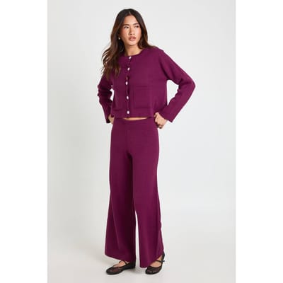 boohoo Dames Petite Vest Met Zakdetail En Wijde Pijpenbroek Met Ronde Hals | Burgundy | Maat: Small