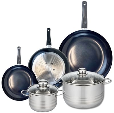 Set van 3 Kookpannen 20, 24 en 32 cm en 2 braadpannen 16 en 24 cm Elo Prima Glanzend