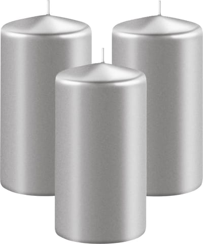 Enlightening Candles Cilinderkaars/stompkaars - 3x - zilver - D8 x H12 cm - 45 branduren - Dikke kaarsen - Voor kandelaar of plateau
