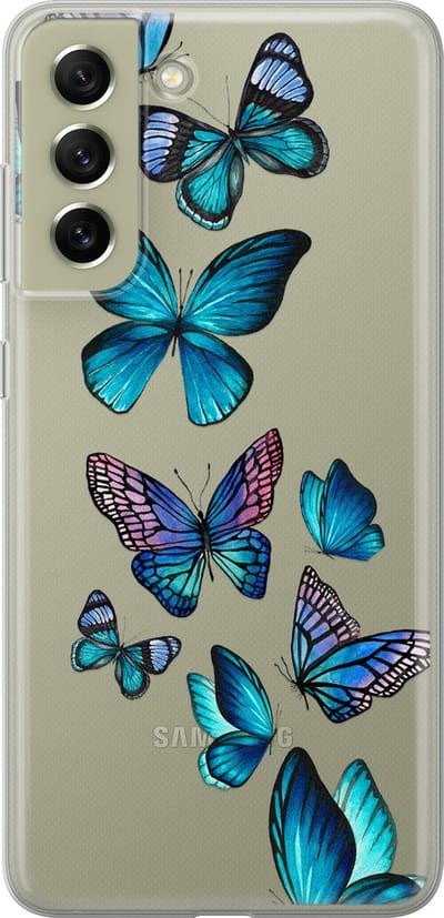 Leuke Telefoonhoesjes - Hoesje geschikt voor Samsung Galaxy S21 FE - Vlinders blauw - Soft case - TPU - Print / Illustratie - Transparant, Blauw