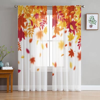 Herfst Vallende Bladeren Transparante Gordijnen Voor Woonkamerraam Transparant Voile Tule Gordijn Slaapkamer Gordijnen Huisdecoratie 135W x 114H(cm) beige