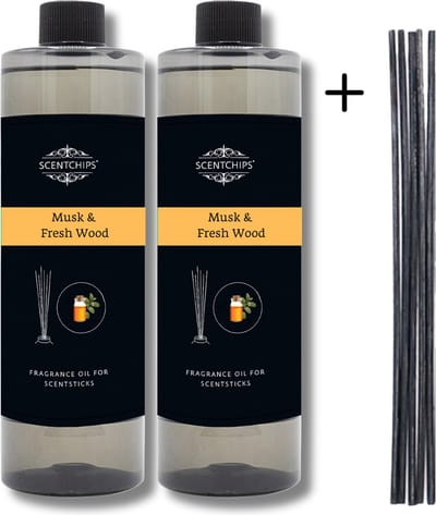 Navulling Musk Vers Hout - Geurstokjes Navulling Set van 2 + 5 Geurstokjes - Geurverspreider - Luchtverfrisser - Huisparfum - 400ml x 2