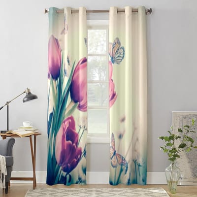 Boeket Rode Tulpen en Vlinder Raamgordijnen voor Woonkamer Keuken Moderne Gordijnen Huisdecoratie Jaloezieën Drapes 135W x 60H(cm) x1
