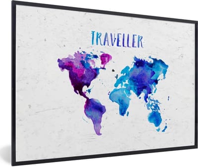 Fotolijst incl. Poster - Wereldkaart - Spreuken - Aquarelverf - 120x80 cm - Posterlijst