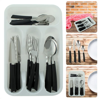 Bestekset met Bestekbak - Besteklade - 6 Messen, 6 Vorken, 6 Lepels, 6 Theelepels & 1 Bestekbak - Perfect voor Camping - Kampeer Bestek