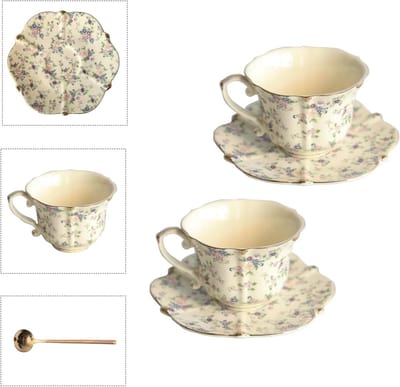 Porseleinen Theekop en Schotel - Koffiekopje Espresso Mok - Thee Moment Genieten - Vintage Bloemendecoratie - 190 ml - Beige