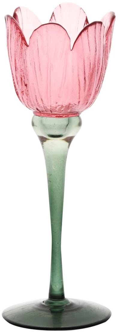 Dekoratief | Theelichthouder tulp op voet, roze/groen, glas, 8x8x23cm | A255809