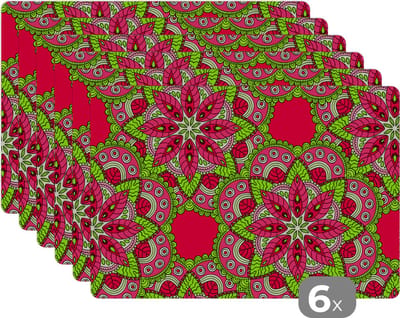Placemat - Placemats kunststof - Hippie - Mandala - Bloemen - Design - 45x30 cm - 6 stuks - Hittebestendig - Anti-Slip - Onderlegger - Afneembaar