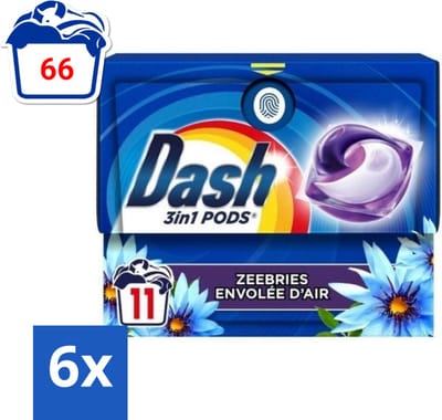 Dash - Wasmiddel Capsules - 3-in-1 Pods - Witte en Gekleurde Was - Zeebries - 11 Wasbeurten - Voordeelverpakking - 6 stuks