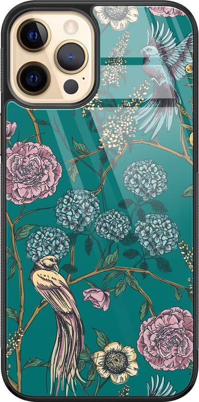 Hoesje geschikt voor iPhone 12 - Vogels Japanse bloemen - Luxe Hard Case - Planten - Groen - Mooie Telefoonhoesjes