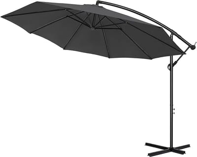 300 cm Aluminium Parasol Met Kruk - UV-Bescherming - Tuinparasol - 360° Draaibaar - Marktpolsol - Waterafstotend - Zweefparasol Met Voet - Windbescherming - Krukparasol Voor Tuin, Terras, Strand (Donkergrijs) NAIZY