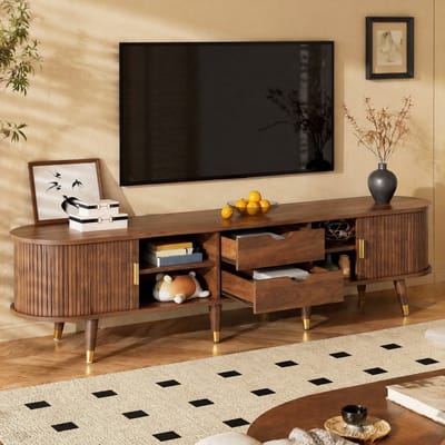 HAUSS SPOLE TV-Meubel - Rattan Schuifdeur Met Walnootdecor En Opbergruimte - Kabelbeheer Voor Woonkamer - MDF - 175x38x45 cm - Walnoot