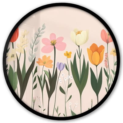 Poster in lijst Rond - Fotolijst 40x40 cm - Posters - Pasteltinten - Bloemen - Illustratie - Ronde posterlijst zwart - Decoratie - Wanddecoratie woonkamer - Muurdecoratie slaapkamer