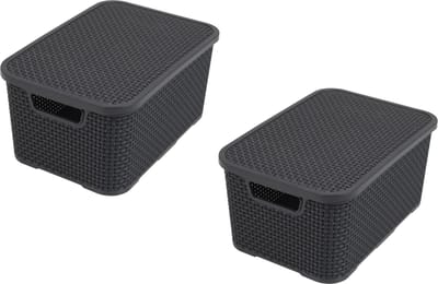 JGS ® Set van Twee Stijlvolle Rotan Ontwerp Opbergmanden met Deksel van Kunststof, Antraciet, 10 Liter