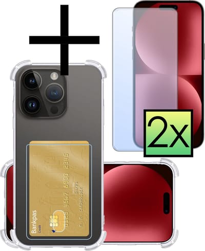 Hoesje - Geschikt voor Apple iPhone 15 Pro - Met 2x Screenprotector - Pashouder - Kaarthouder - Telefoon Hoes Shockproof - Siliconen Case - Back Cover - Shock Proof - Pasjes Houder - Transparant