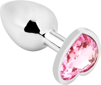 PLGZ - Hartvormige Metalen Buttplug - Zilver - Roze Siersteen - Verkrijgbaar in 3 maten Medium