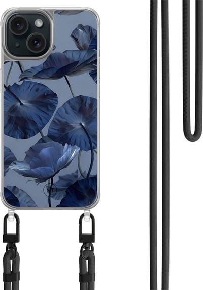 Hoesje met koord geschikt voor iPhone 14 - Dusky blooms - Inclusief zwart koord - Crossbody beschermhoes - Transparant, Paars - Mooie Telefoonhoesjes