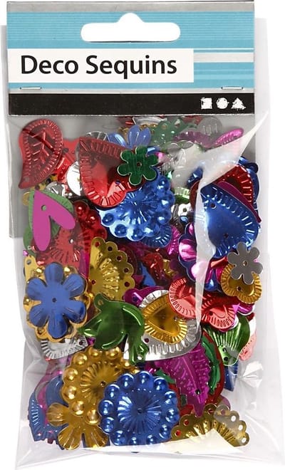 Pailletten, afm 15-45 mm, sterke kleuren, 30 gr/ 1 doos