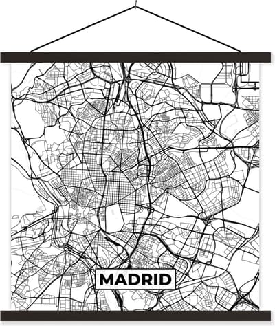 Posterhanger incl. Poster 60x60 cm - Schoolplaat - Madrid - Zwart Wit - Stadskaart - Plattegrond - Kaart - Textielposter - Zwarte latten - Stadskaart