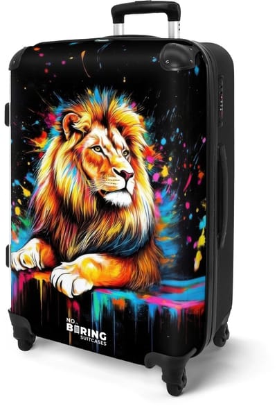 NoBoringSuitcases.com® - Koffer groot - Rolkoffer lichtgewicht - Zwart - Leeuw met kleurrijke spatten - Reiskoffer met 4 wielen - Grote reis trolley XL - Luggage suitcase - Hardcase reistrolley medium - 20 kg bagage