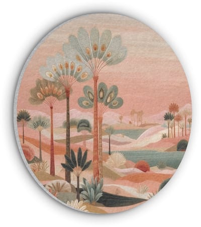 Akoestisch wandpaneel rond 30x30 cm - Vilt schilderij Roze landschap - Palmen - Water - Ronde akoestische panelen - Geluidsdempende wanddecoratie - Geluidsisolatie wandcirkel - Muurdecoratie geluidspanelen