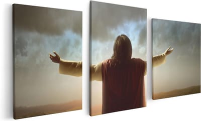 Artaza Canvas Schilderij Drieluik Jezus Christus aan het Bidden bij Zonsopgang - 120x60 cm - Wanddecoratie Woonkamer - Schilderijen - Muurdecoratie