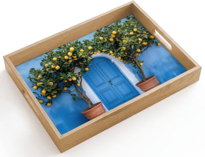 Dienblad hout 40x30 cm - Schootdienblad - Citroenbomen - Geel - Deur - Potten - Borrelplank rechthoek - Plateau dienbladen