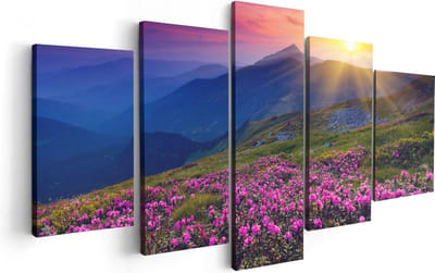 Artaza Canvas Schilderij Vijfluik Roze Rhododendron Bloemenveld - Bergen - 100x50 - Foto Op Canvas - Canvas Print