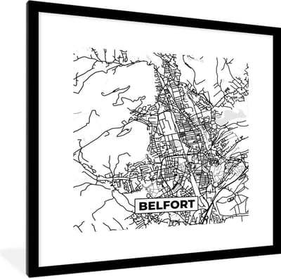 Fotolijst incl. Poster Zwart Wit- Kaart - Frankrijk - Stadskaart - Plattegrond - Belfort - Zwart wit - 40x40 cm - Posterlijst