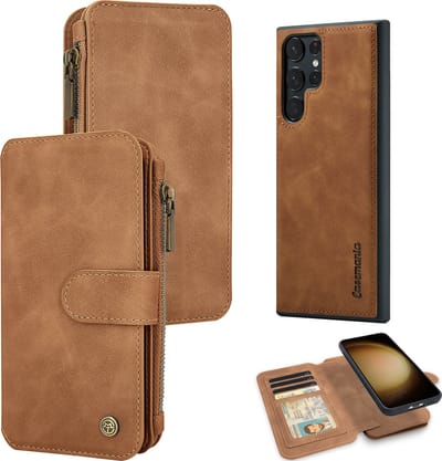 Casemania Hoesje Geschikt voor Samsung Galaxy S23 Ultra Sienna Brown - 2 in 1 Magnetic Book Case met Rits