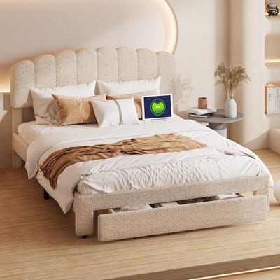 Tweepersoonsbed met Lade - Ladebed Bedframe - Ruimte Besparen - Verstelbaar Hoofdeinde - 160x200 cm - Beige