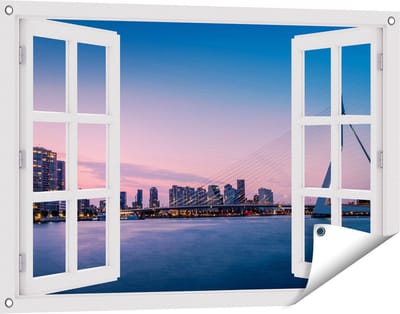 Gards Tuinposter Doorkijk Erasmusbrug in Rotterdam met Zonsondergang - 90x60 cm - Tuindoek - Tuindecoratie - Wanddecoratie buiten - Tuinschilderij