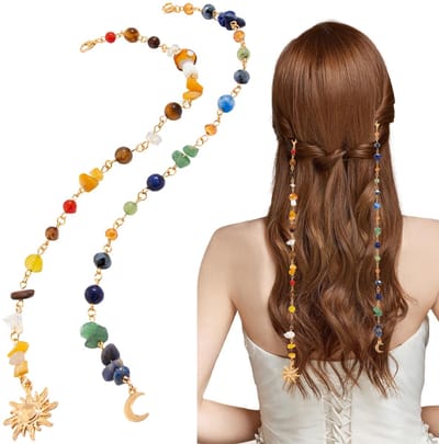 2-delige lange gevlochten haarketting met kwastjes en clips | Boheemse haaraccessoires met kralen en glanzende sieraden als hoofdversiering