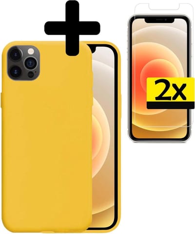 Hoesje - Met 2x Screenprotector - Geschikt voor Apple iPhone 12 Pro - Sterk & Shockproof - Back Cover - Siliconen Case - Telefoon Hoes - Telefoonhoesjes - Geel